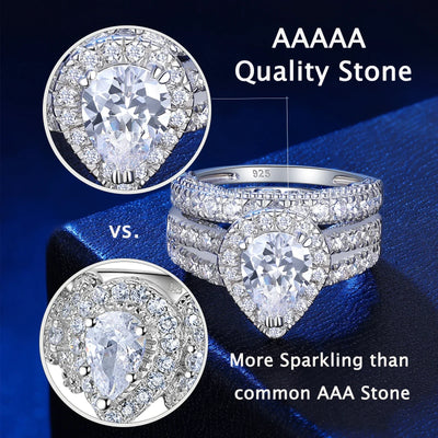 Newshe 925 Sterling Silver Engagement Rings Set close-up of princess-cut CZ and polished silver bands.