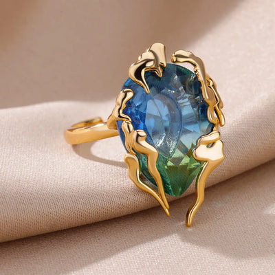 Zircon Flame Drop Rings For Women Gold Color Stainless Steel Water Drop Adjustable Ring Femme Wedding Party Jewelry Gift Femme