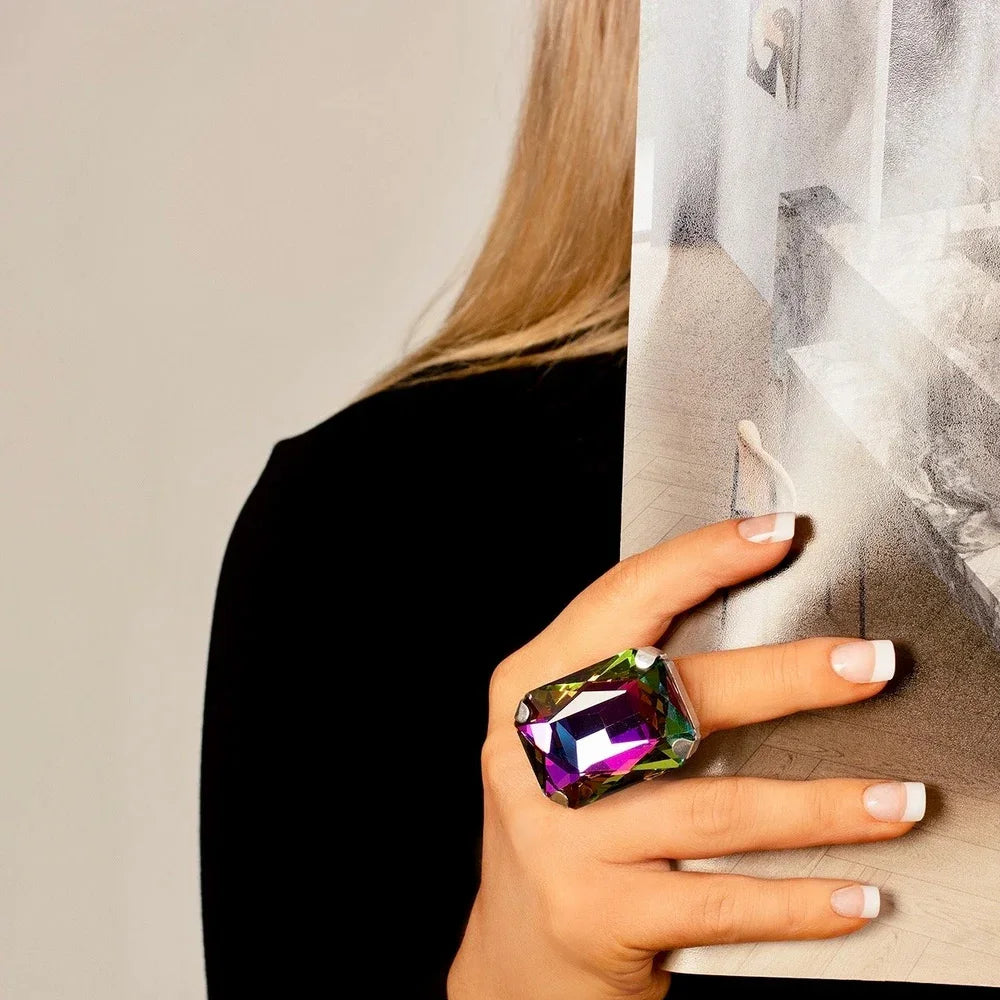 Stone Fans Gorgeous Rectangle Crystal Large Rings Statement Colorful Champagne Jewelry Adjustable Exaggerated Ring for Women