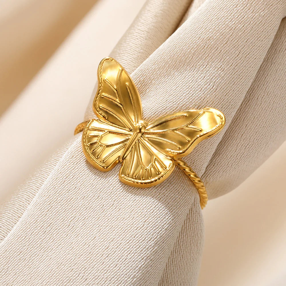 Fashion Butterfly Ring For Women Gold Color Stainless Steel Adjustable Finger Ring Y2k Jewelry Wedding Party Gift