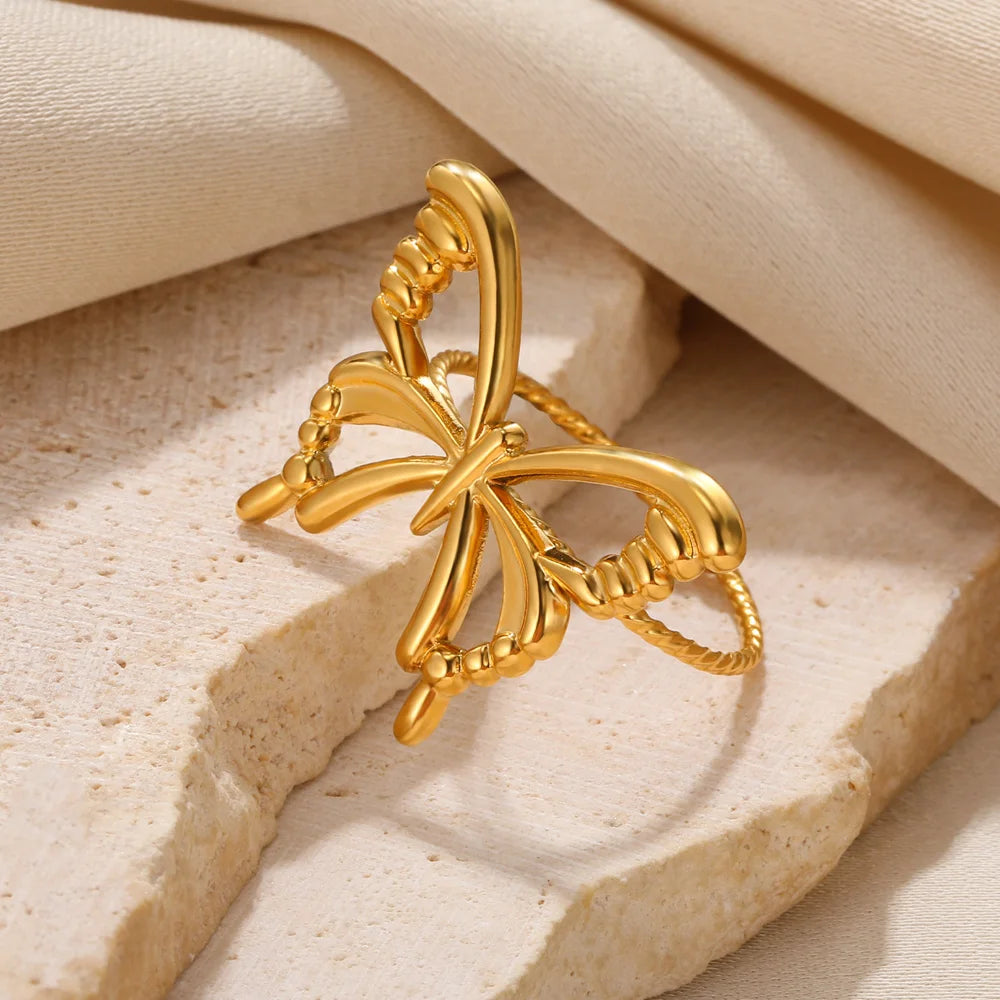 Fashion Butterfly Ring For Women Gold Color Stainless Steel Adjustable Finger Ring Y2k Jewelry Wedding Party Gift