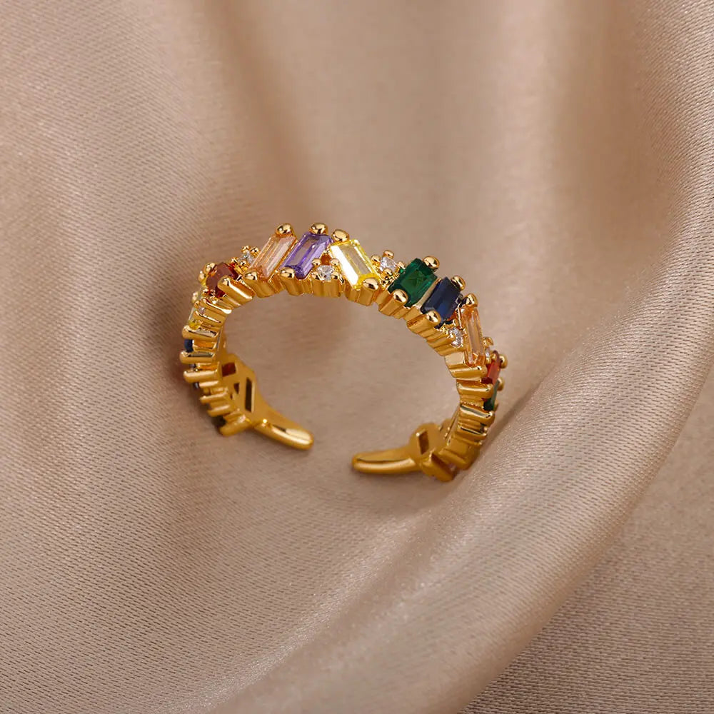 Zircon Crystal Stone Rainbow Rings For Women Stainless Steel Gold Color Wedding Couple Ring Christmas Jewelry Gift Bijoux Femme