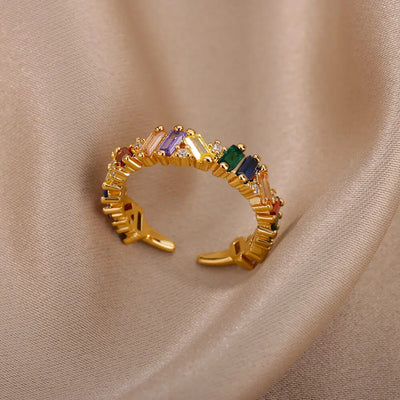 Zircon Crystal Stone Rainbow Rings For Women Stainless Steel Gold Color Wedding Couple Ring Christmas Jewelry Gift Bijoux Femme