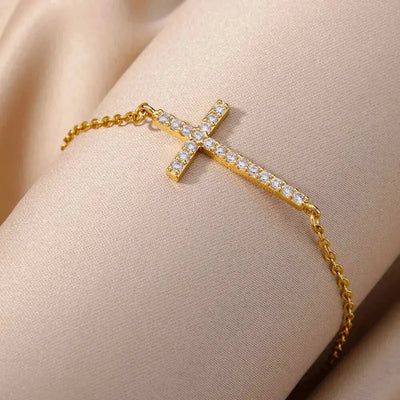 Unisex Gold Stainless Steel Crystal Cross Bracelet