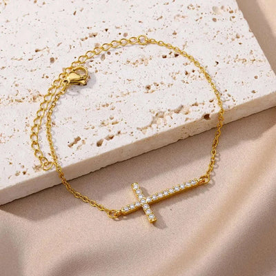Unisex Gold Stainless Steel Crystal Cross Bracelet
