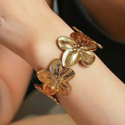 Flower Chunky Opening Bangles For Women Waterproof Stainless Steel Flowers Wide Bracelet