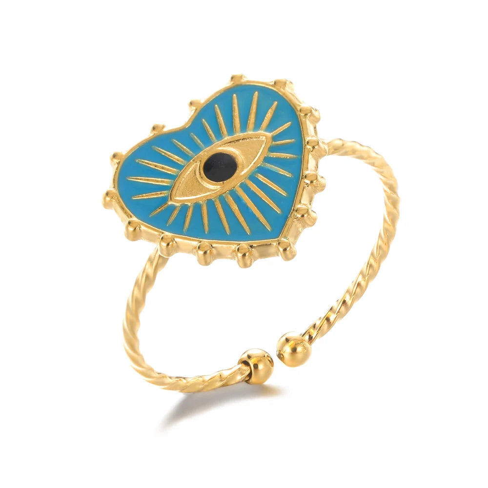 GATTVICT Fashion Turkey Evil Eye Heart Open Rings For Women Ring Turkish Eye Joints Gold Color Rings Men Stainless Steel Jewelry