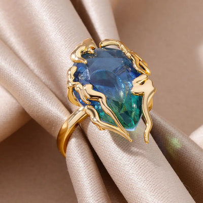 Zircon Flame Drop Rings For Women Gold Color Stainless Steel Water Drop Adjustable Ring Femme Wedding Party Jewelry Gift Femme