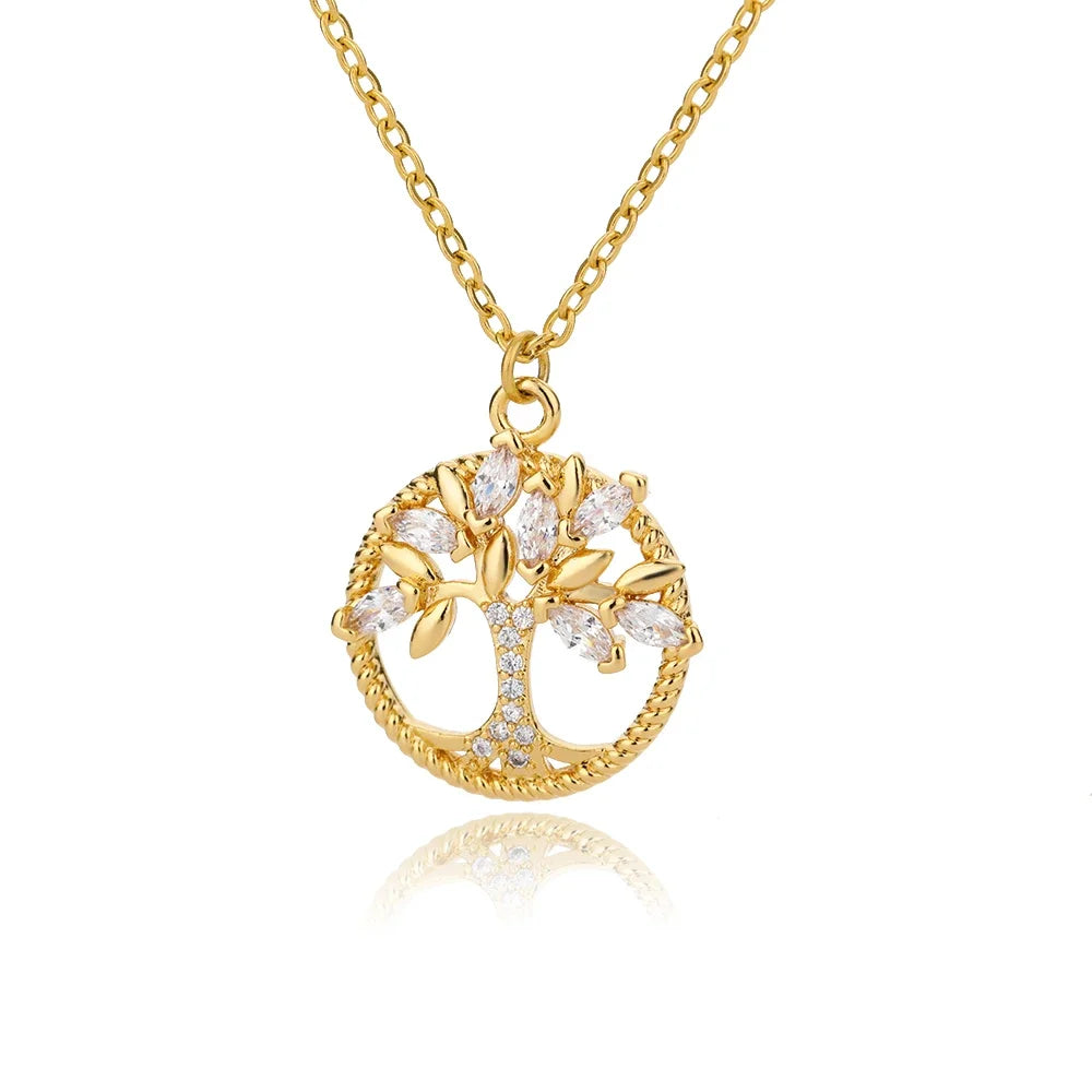 Collar de acero inoxidable para mujer, colgante redondo de árbol de la vida, collar con cristales y diamantes de imitación, joyería, regalo, bisutería femenina