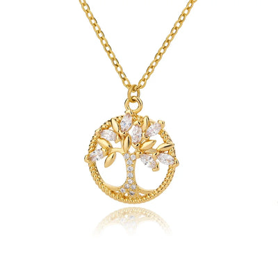 Collar de acero inoxidable para mujer, colgante redondo de árbol de la vida, collar con cristales y diamantes de imitación, joyería, regalo, bisutería femenina