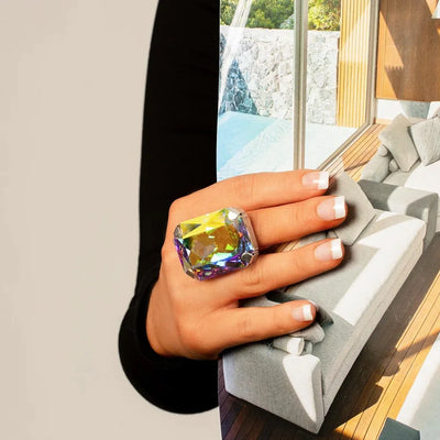 Stone Fans Gorgeous Rectangle Crystal Large Rings Statement Colorful Champagne Jewelry Adjustable Exaggerated Ring for Women