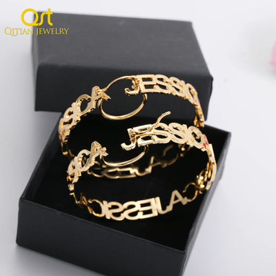 Pendientes de aro personalizados con nombre para mujer, aretes con nombre personalizado, aretes grandes con letras circulares, joyería de acero inoxidable dorada.